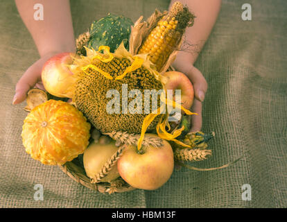 Herbstliche Produkte in einem runden Weidenkorb Stockfoto