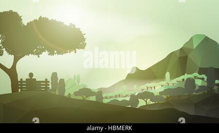 Abstrakt Grün Wald Gebirge mit Mann sitzt im Vordergrund - Vektor-Illustration Stock Vektor