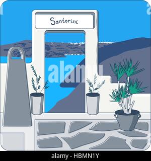 Weißes Tor in der Mauer und Olive Bäume in den Töpfen auf Santorini Island in Greecevector Abbildung Stock Vektor