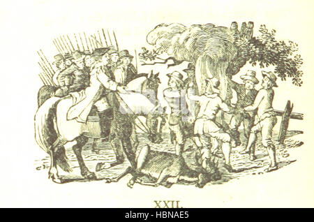 Die Illustration zeigt Szenen aus der Robin Hood Sammlung, wie Robin Hood, seine Bande von Gesetzlosen, Sherwood Forest, Bogenschießen, mittelalterliche Kleidung, Dorfleben, Schlösser und Interaktionen mit den Menschen vor Ort. Stockfoto