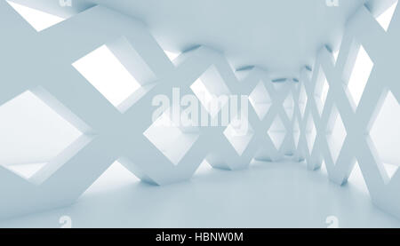 Abstrakte leeren Flur mit Partitionen gemacht von diagonalen Zelle Träger, leeren Innenraum Hintergrund, blau getönten 3D-Illustration Stockfoto