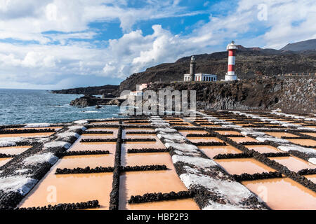 Salinas von Fuencaliente auf La Palma mit Leuchtturm im Hintergrund Stockfoto