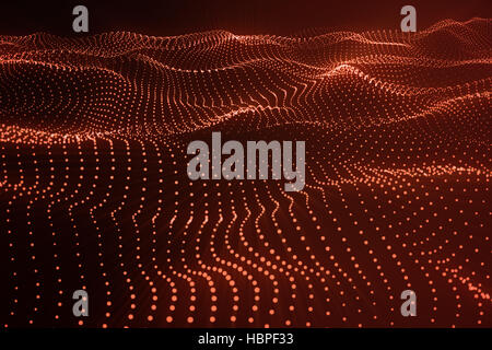 3D Rendering Hi-Tech digital Terrain, rote abstrakter Raum auf dunklem Hintergrund mit Verbindungstür Punkte und Linien. Stockfoto