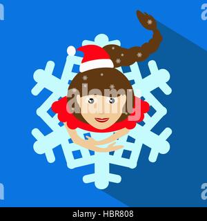 Santa Claus Brünette Mädchen. Weihnachten Silvester Vektor-Illustration. Ansicht von oben. Rock in Form Schneeflocke. Auf blauem Hintergrund Stock Vektor