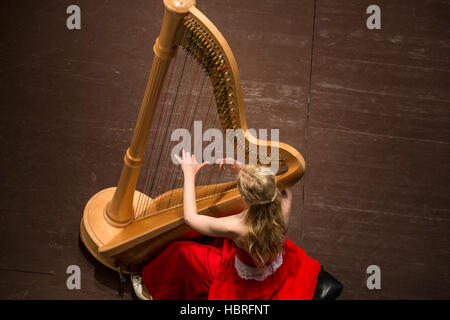 Ein schönes Mädchen in einem roten Kleid spielt die Harfe beim Konzert am Musiktheater Stockfoto