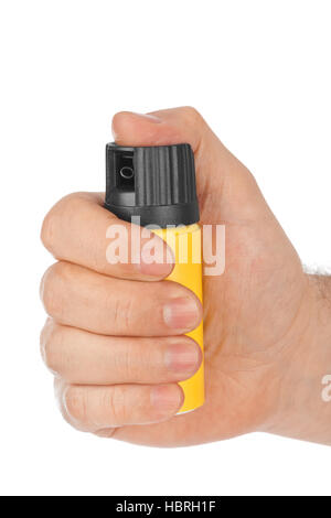 Hand mit Flasche Pfefferspray Stockfoto