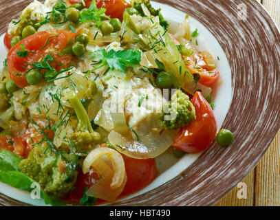 Gebackenen Kabeljau Provencal.French Fischgericht Stockfoto