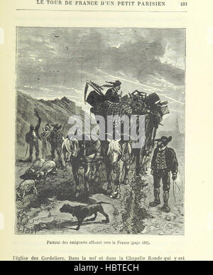 Diese Seite von Le Tour de France präsentiert einen Reisebericht eines jungen Pariser, der Frankreich erkundet, einschließlich Regionen, Städte, kulturelle Beobachtungen, Geographie, und Erfahrungen, mit Illustrationen. Stockfoto