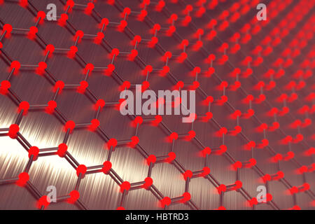 3D Rendering rot abstrakt Nanotechnologie hexagonalen geometrische Form close-up, Konzept Graphen Atomstruktur, Konzept Graphen molekulare Struktur. Stockfoto