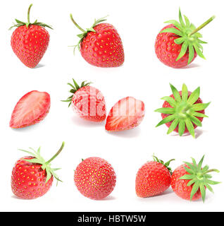 3D-Rendering eine Reihe, Sammlung von frischen Erdbeeren Früchte isoliert auf weißem Hintergrund. Stockfoto