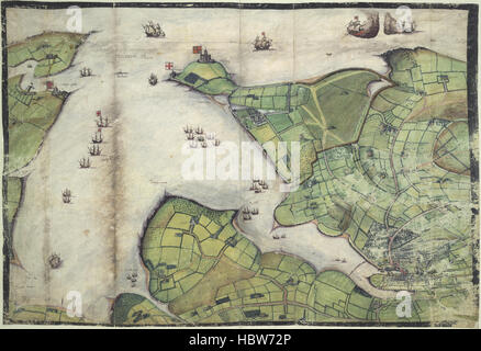 Lord Burghley Atlas - Beschriftung: "farbige Manuskript Plan von Falmouth Hafen oder Hafen." Lord Burghley Atlas - Beschriftung "farbige Manuskript Plan von Falmouth Stockfoto