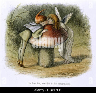 Im Märchenland-A-Serie von Bildern aus der Elf-Welt von Richard Doyle mit einem Gedicht von W Allingham - Bildunterschrift: "eine Elfe und ein Märchen küssen" im Feenland A-Serie von Bildern aus der Elf-Welt Stockfoto