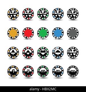 Legen Sie Chips für Poker gelb grün grau rot gelb in der Mitte und Rechtecke mit einer Seitenlänge. Runde und weiße gepunktete Linie Linie. ein Symbol auf dem weißen Stock Vektor