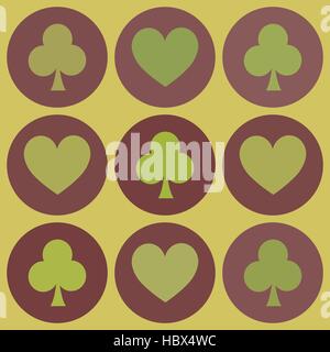 nahtlose Muster. 10 EPS-Vektor-Illustration. verwendet für Druck, Webseiten, Design, Ukrasheniayya, Innenausstattung, Stoffe, Kreise usw. Herzen und Clubs Karte Anzug auf Burgund Goldgrund Stock Vektor