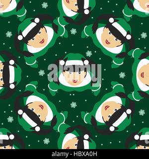 nahtlose Muster. 10 EPS-Vektor-Illustration. für Druck, Webseiten, Design, Ukrasheniayya, Innenausstattung, Stoffe etc. verwendet. Thema Weihnachten. Santa Claus Mädchen mit den Haaren Zöpfe auf grünem Hintergrund Stock Vektor