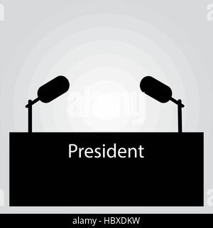 Tribune eine Silhouette ein Symbol für ein Interview, der Sprecher einer Druckmaschine eine Konferenz. Das Mikrofon auf einem hellen Hintergrund. Vektor-Illustration. Stock Vektor