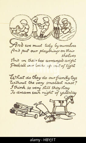 Dieses Bild von Seite 25 zeigt Verse aus „Gute Nacht“, begleitet von Entwürfen von L. Davis, wobei dekorative Elemente, typografischer Stil und visuelle Motive hervorgehoben werden, die den literarischen Inhalt des Buches ergänzen. Stockfoto