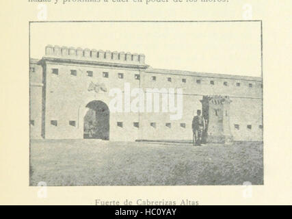 Die Abbildung zeigt Marokko mit Landschaften, Städten, Dörfern, militärischen Kampagnen, General Martinez Campos, Melilla, Marrakesch, kulturelle Praktiken, Bevölkerung, und lokale Architektur, die Reisebeobachtungen und historische Ereignisse hervorhebt. Stockfoto