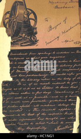 Seite aus dem Gympie Mining Handbook, in dem Bergbaubetriebe, geologische Formationen, Ausrüstung und Methoden im Goldbergbau in Gympie, Australien, beschrieben werden. Stockfoto