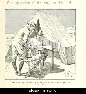 Die illustrierte Seite zeigt Bergleute, Bergbaubetriebe und Tiere in Südafrika und hebt Arbeitskräfte, natürliche Ressourcen und ländliche Umgebungen während der Bergbauzeit hervor. Stockfoto