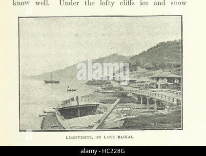 Dieses Bild von „vom Arktischen Ozean zum Gelben Meer“ zeigt geographische Merkmale und menschliche Siedlungen in Sibirien, der Mongolei, der Wüste Gobi und Nordchina. Illustrierte Skizzen und Karten dokumentieren Landschaften, Klima und Reiserouten. Stockfoto