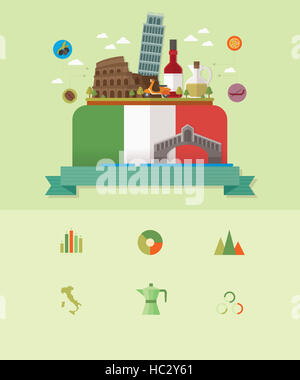 Sehenswürdigkeiten in Italien, Europa mit Symbolen und verschiedenen Infografik Stockfoto