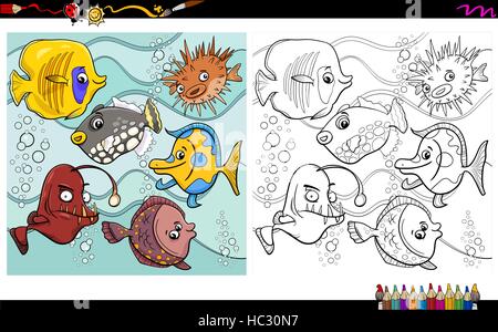 Cartoon-Illustration der Fisch Meer Leben Tier Zeichen Coloring Book-Aktivität Stock Vektor
