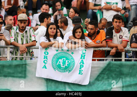 Curitiba, Brasilien. 7. Dezember 2016. Fans machen Hommage an die Opfer der Tragödie unter Einbeziehung der Chapecoense-Delegation im Stadion Couto Pereira in Curitiba am Mittwoch (07). Heute wäre das zweite Spiel der südamerikanischen Pokalfinale zwischen Chapecoense und Atletico Nacional. : Bildnachweis Geraldo Bubniak: Foto: Geraldo Bubniak/ZUMA Draht/Alamy Live-Nachrichten Stockfoto