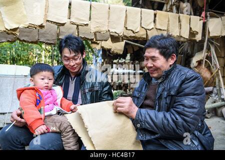 (161208)--CHONGQING, 8. Dezember 2016 (Xinhua)--Grandson of Li Shilin (R) berührt das "Tuhuo" Papier in Xinglong Stadt, Südwest-China Chongqing, 7. Dezember 2016. LIS-Familie, Leben in Xinglong Stadt Chongqing hat das traditionelle Handwerk der Herstellung von "Tuhuo" Papier über fünf Generationen überliefert. "Tuhuo" Papier, Bambus wächst in lokalen Bereichen erfordert hohen Standard der Techniken durch alle Verarbeitungsstufen. Allerdings ist mit hoher Arbeitsintensität, schlechten Verkaufszahlen und niedrigen Renditen, das Handwerk nur wenige junge Menschen, erbte die trieb der Regierung es als einen pro Tourismus zu entwickeln Stockfoto