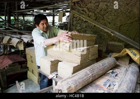 (161208)--CHONGQING, 8. Dezember 2016 (Xinhua)--Li Shilin ordnet "Tuhuo" Papier in einer Werkstatt in Xinglong Stadt, Südwest-China Chongqing, 7. Juni 2016. LIS-Familie, Leben in Xinglong Stadt Chongqing hat das traditionelle Handwerk der Herstellung von "Tuhuo" Papier über fünf Generationen überliefert. "Tuhuo" Papier, Bambus wächst in lokalen Bereichen erfordert hohen Standard der Techniken durch alle Verarbeitungsstufen. Allerdings ist mit hoher Arbeitsintensität, schlechten Verkaufszahlen und niedrigen Renditen, das Handwerk nur wenige junge Menschen, erbte die trieb der Regierung, es als ein Tourismus-Projekt zu entwickeln Stockfoto