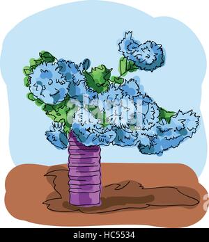 Digitale Vektor Blumenstrauss Chrysanthemen in einer lila Vase, flachen Stil gemalt Stock Vektor