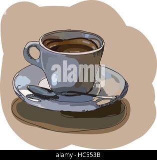 Digitale Vektor bemalte Tasse Kaffee mit Schaum und Löffel auf dem Tisch, flachen Stil Stock Vektor