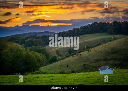Sonnenuntergang über sanfte Hügel und Felder im Moses Kegel Park auf den Blue Ridge Parkway in North Carolina. Stockfoto