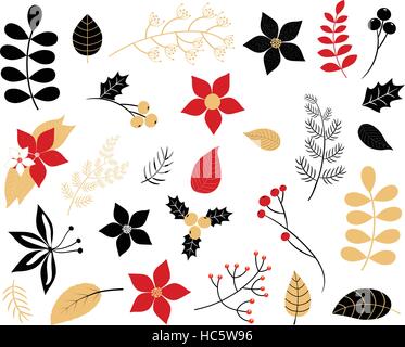 Elegante Winter Laub set - Blätter, Blüten, Beeren und Niederlassungen in rot, schwarz und gold Farben Stock Vektor