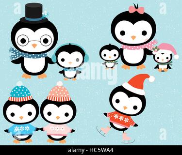 Niedliche Cartoon-Winter-Pinguin-Familie im flachen Stil mit Mutter, Vater und Kinder mit Mützen, Schals und Skates für Weihnachten und Neujahr Stock Vektor