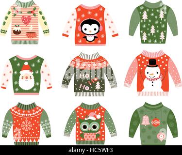 Niedliche hässlich Weihnachten Pullover Entwürfe Vektor Set, Pullover Party Einladung ClipArt-Sammlung in Farben rot und grün Stock Vektor