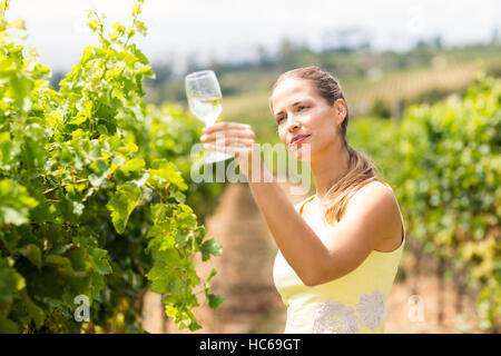 Weibliche Winzer Holding Wein Glas Stockfoto