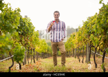 Porträt von lächelnden männlichen Winzer mit einem Glas Wein Stockfoto