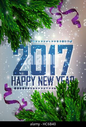 Frohes neues Jahr. Ein Tannenbaum Zweig drauf ist violett ein blauer Hintergrund mit den leuchtenden Sternen. Weihnachten und Neujahr Grußkarte. Vektor-illustration Stock Vektor