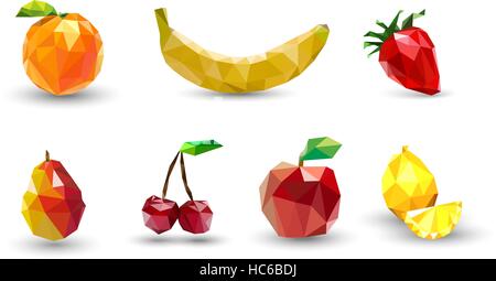 Fruchtansatz von Polygonen. Apfel, Zitrone, Kirsche, Banane, Orange, s Stock Vektor