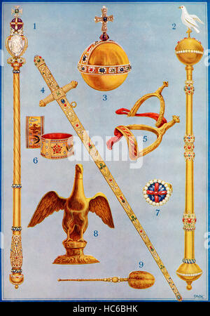 Die Kronjuwelen.  (1) des Königs Sceptre mit dem Kreuz. (2) das Zepter mit Taube. (3) des Königs Orb. (4) die jeweled Schwert des Staates. (5) die Goldenen Sporen des Heiligen Georg. (6) die Armbänder. 7. die Krönung-Ring. 8. die Ampulla oder Steinadler. 9. die Salbung Löffel.  Ihre liebenswürdige Majestäten König George VI und Königin Elizabeth veröffentlichte 1937. Stockfoto