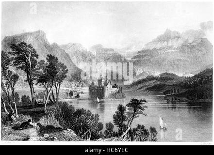 Eine Gravur des Kilchurn Castle, Loch Awe, Blickrichtung Dalmally gescannt Argyleshire in hoher Auflösung aus einem Buch, gedruckt im Jahre 1859. Stockfoto