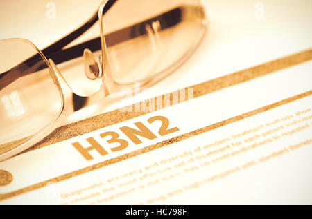 H3N2 - gedruckte Diagnose auf rotem Grund. 3D Illustration. Stockfoto