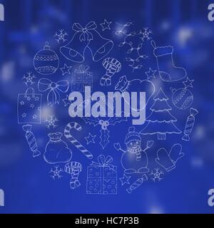 Weihnachten blauer Hintergrund mit Doodle handgezeichnete icons Stock Vektor