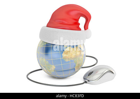 Globale Weihnachten Online-shopping-Konzept, Erde mit Santa Hut und Computer-Maus. 3D-Rendering isoliert auf weißem Hintergrund Stockfoto
