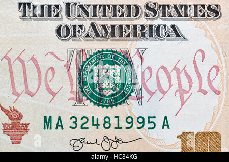 Stempel des Department of The Treasury auf US-Teb Dollar Bill Nahaufnahme Makro Stockfoto