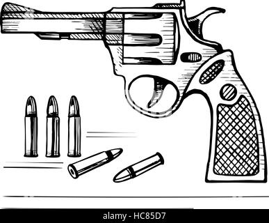 Skizze Vektor Revolver Pistole mit Kugeln Stock Vektor