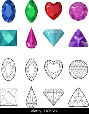 Edelsteine und Schnittlinie festgelegt. Verschiedenen Facetten für Kristalle. Schmuck-Kollektion isoliert auf weißem Hintergrund. Diamanten. Realistisch, Cartoon-Stil. Vektor-Illustration, ClipArt Stock Vektor