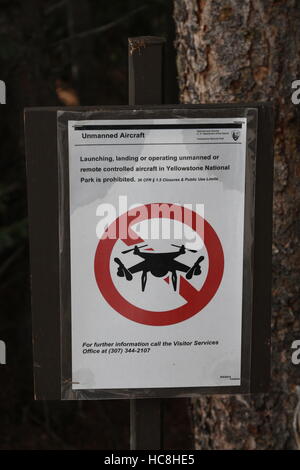 Ein Warnzeichen im Yellowstone National Park, verbietet den Betrieb von Luftfahrzeugen Drohne Stockfoto