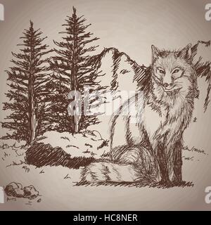 Handzeichnung Fuchs sitzen Landschaft vintage Stock Vektor